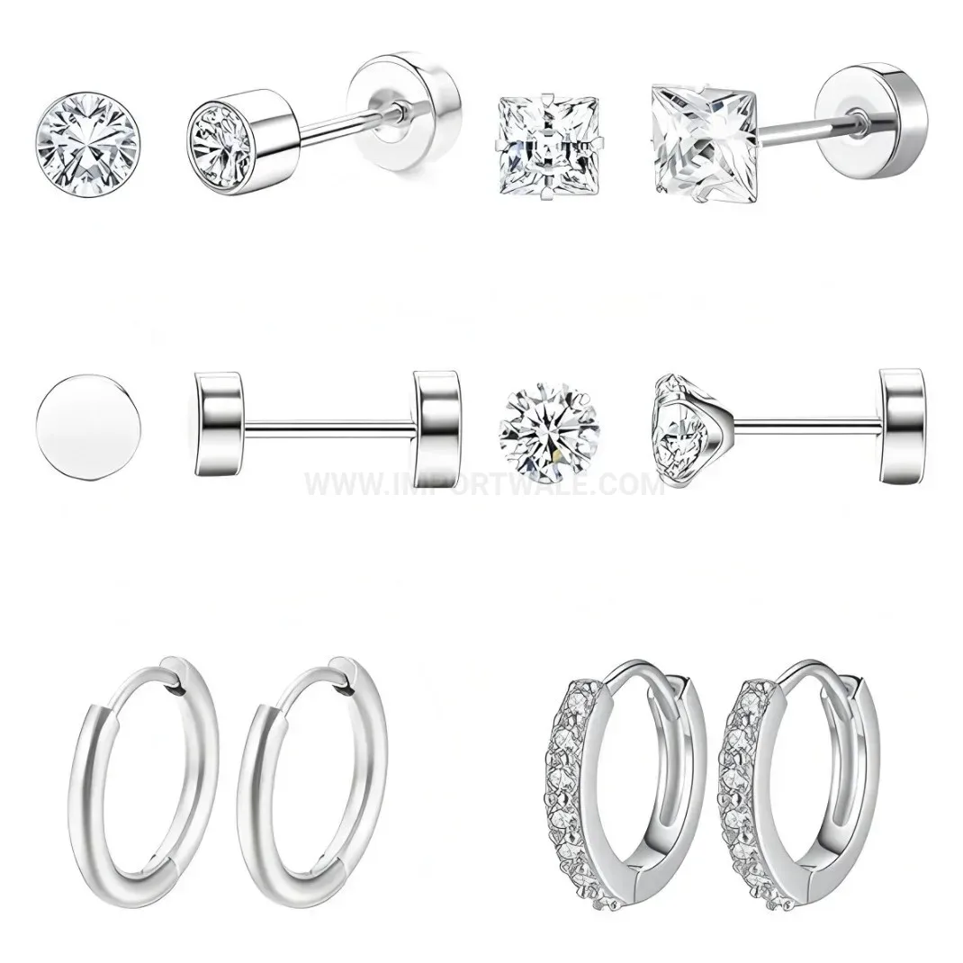 Designer Stainless Steel Rhinestone Stud and Plain Hoop Earring Set