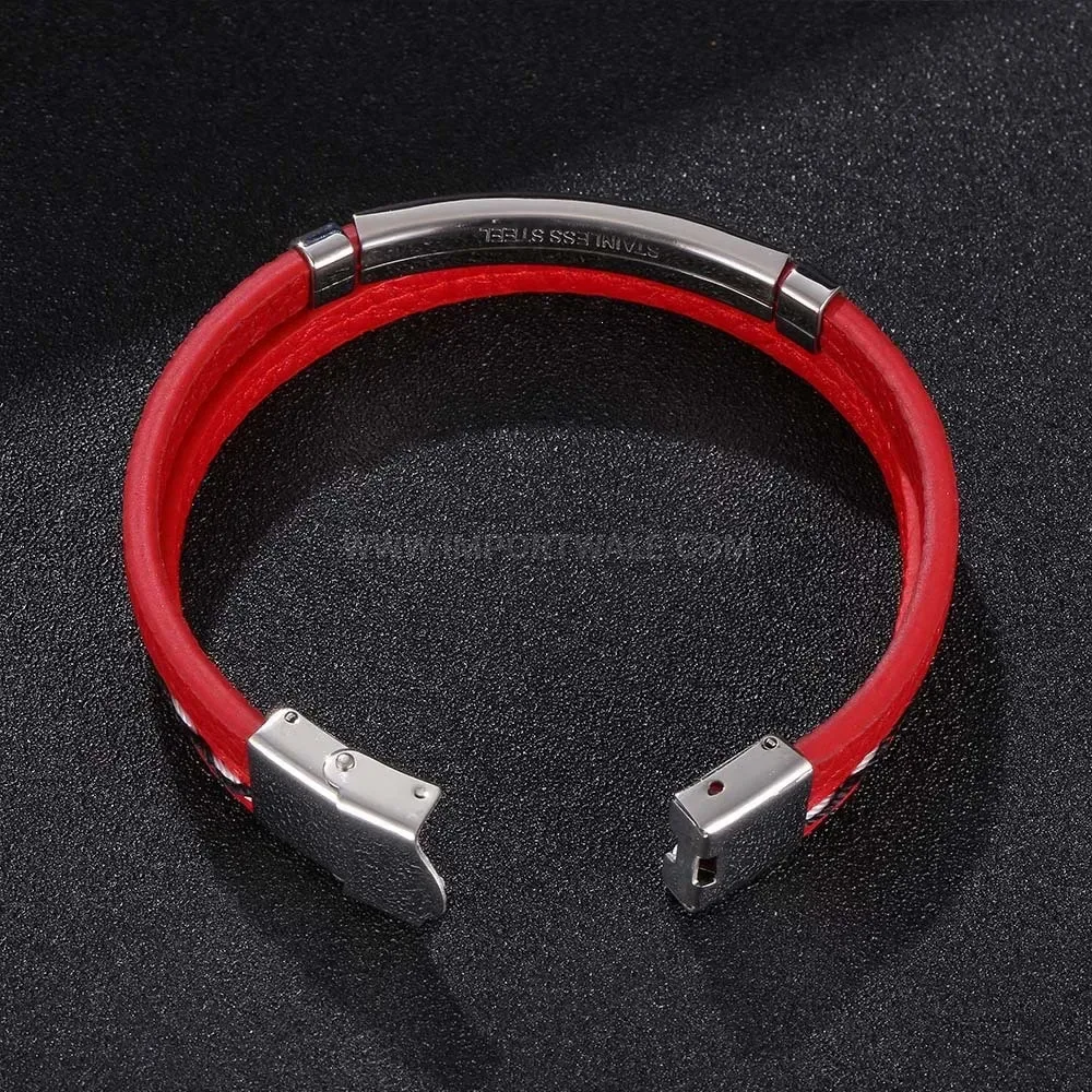 Braided Red Leather Bracelet with Curved Stainless Steel Bar