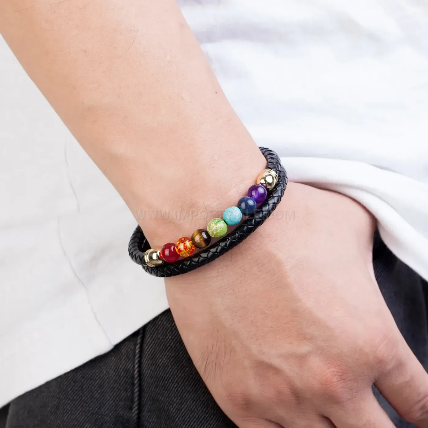 Braided Leather Stone Bead Stainless Steel Bracelet