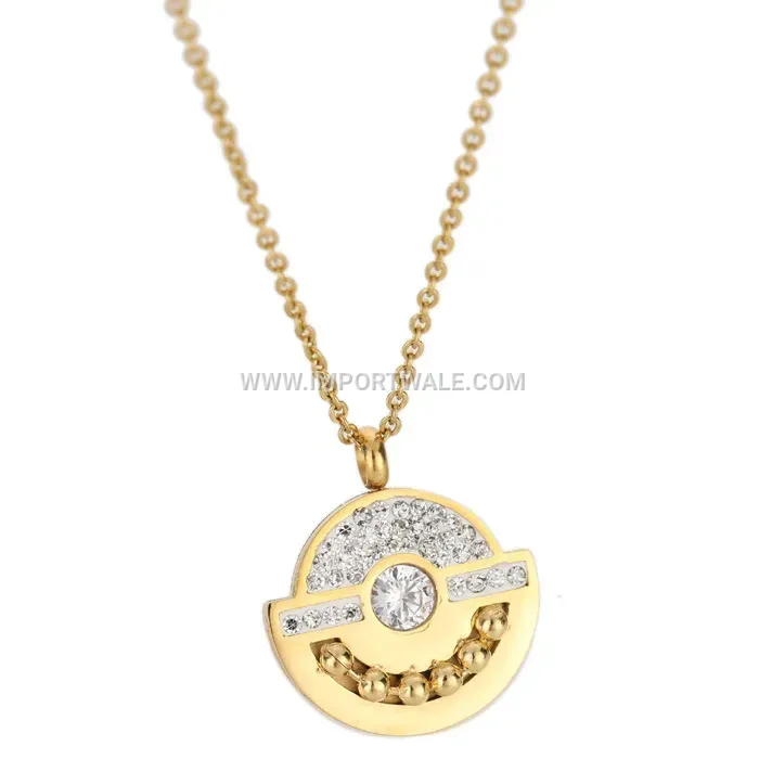Gold Stainless Steel Geometric Rhinestone Semi-Circle Pendant Necklace