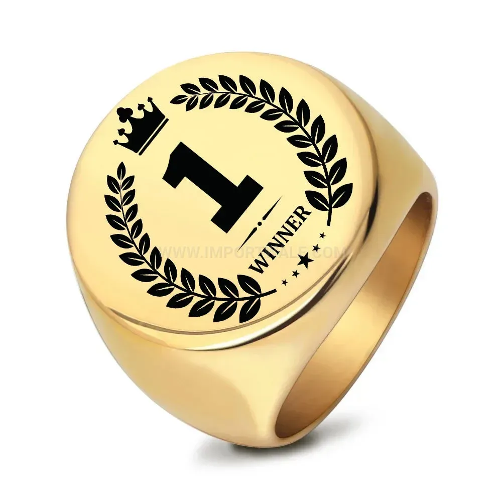 Elegant Laser Engraved Geometric Crown Stainless Steel Signet Ring