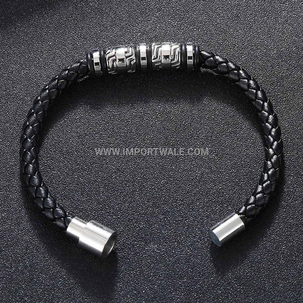 Casual Leather Bracelet Featuring Stainless Steel Beads Accent