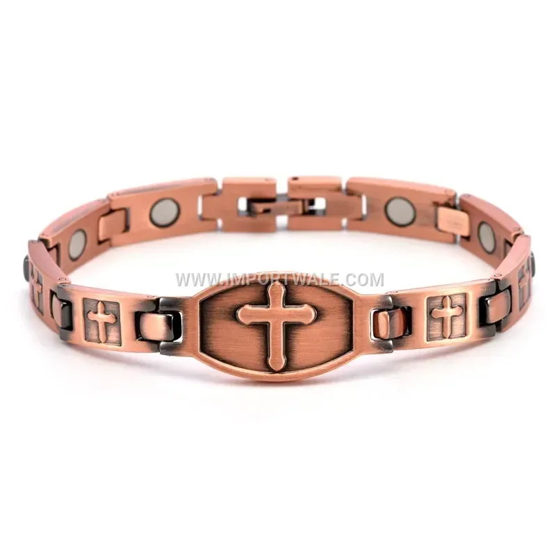 Vintage Pure Copper Curved Cross Plaque Men's Bracelet