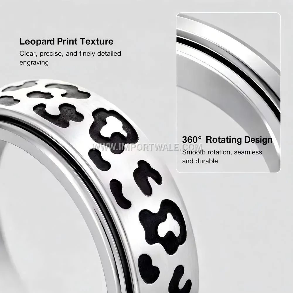 Rotatable Stainless Steel Band Ring with Engraved Leopard Pattern