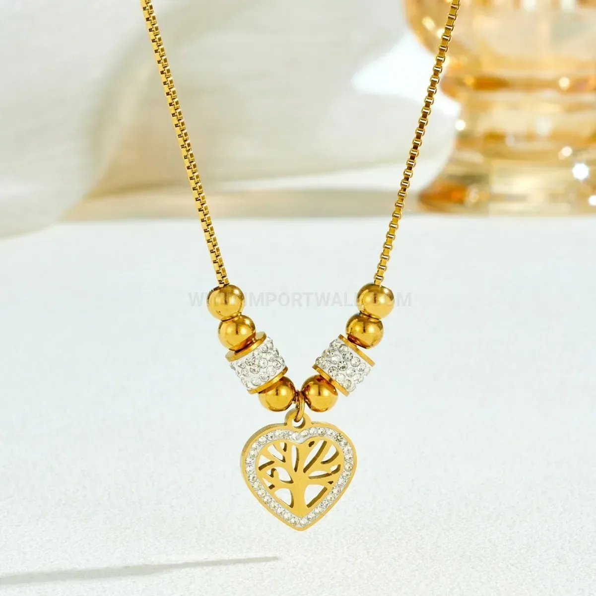 Stylish Gold Plated Stainless Steel Tree of Life Heart Pendant Necklace