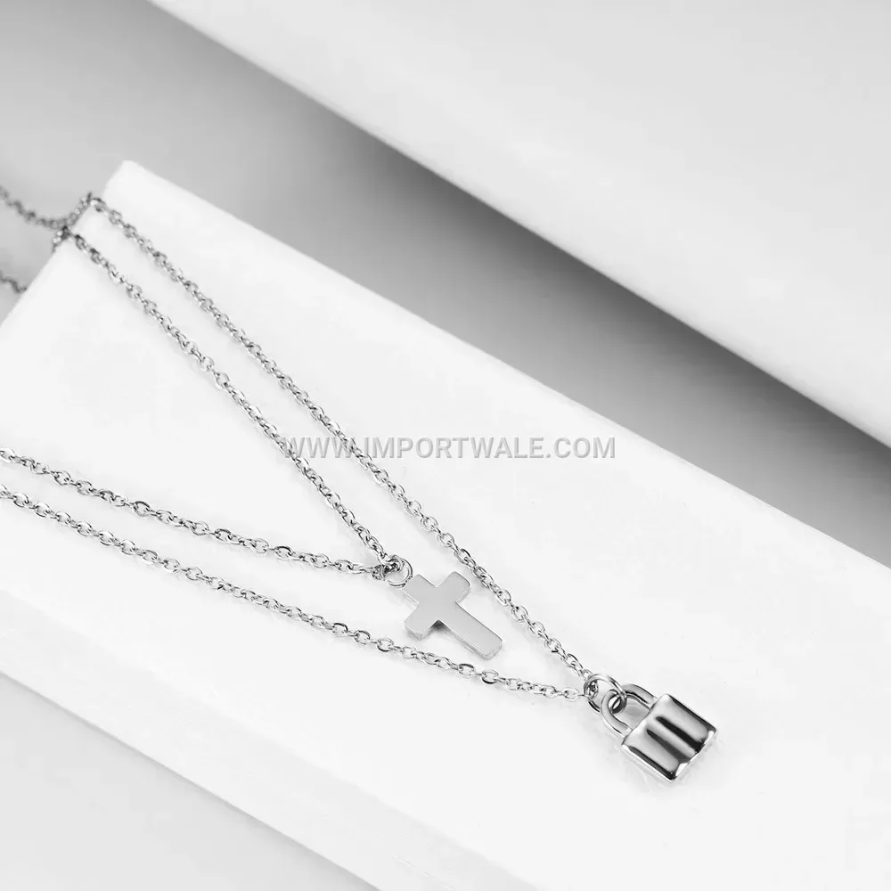 Retro Stainless Steel Padlock and Cross Pendant Necklace
