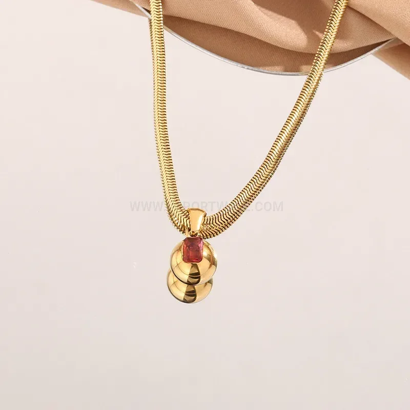 Vintage Red Crystal Sphere Pendant Stainless Steel Necklace