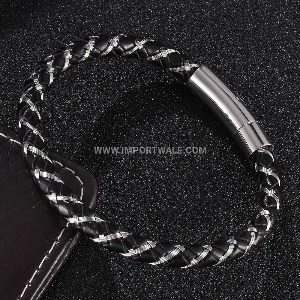 Braided Black Leather Band with Steel Wire Accent Bracelet