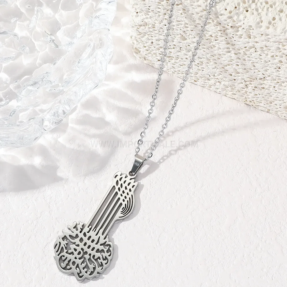 Premium Guitar Motif Arabic Calligraphy Stainless Steel Pendant Necklace