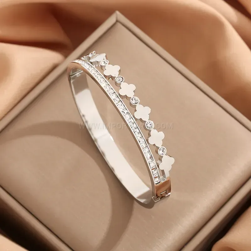 Four Leaf Clover Pave Open Bangle Bracelet
