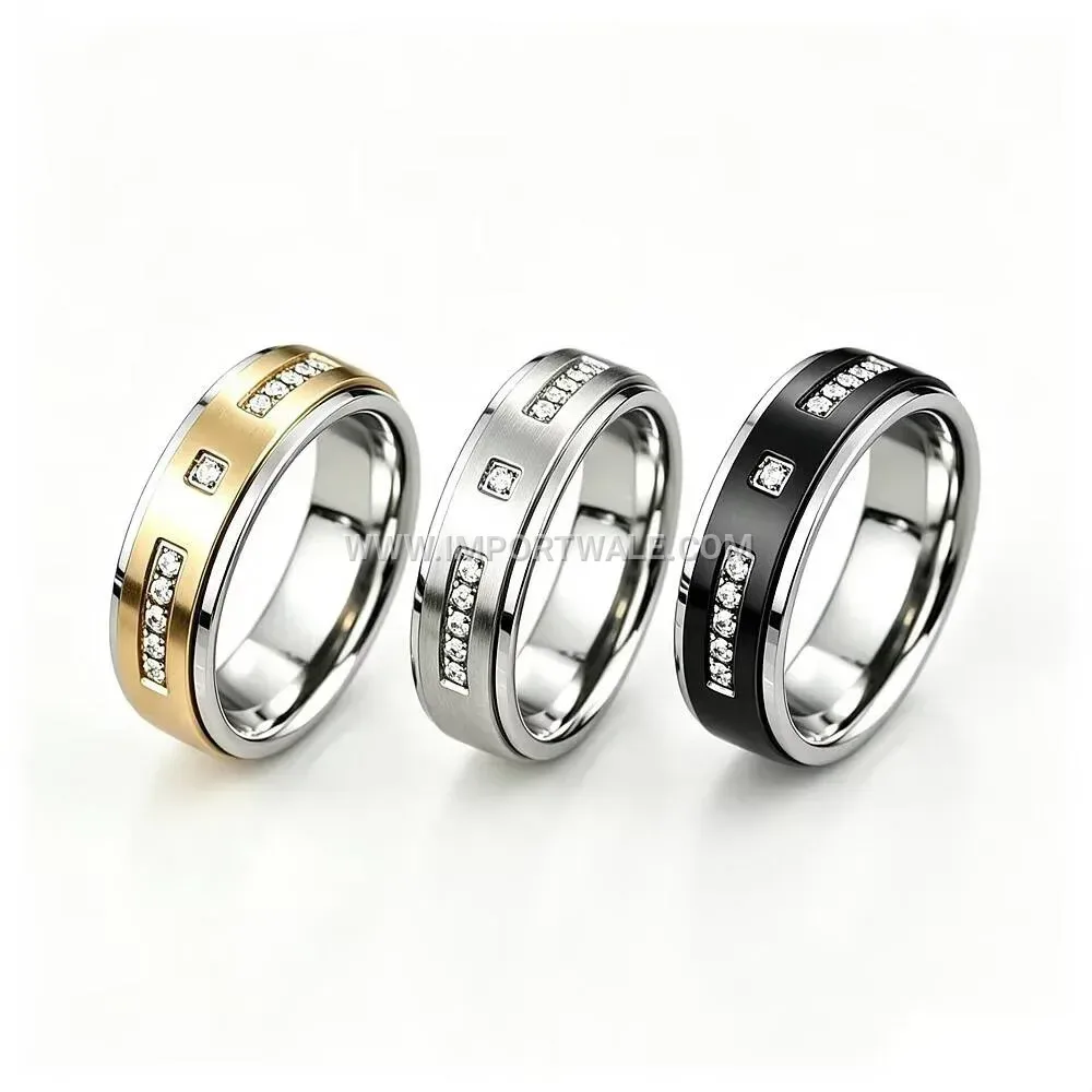 Zircon Accented Stainless Steel Engagement Band Ring