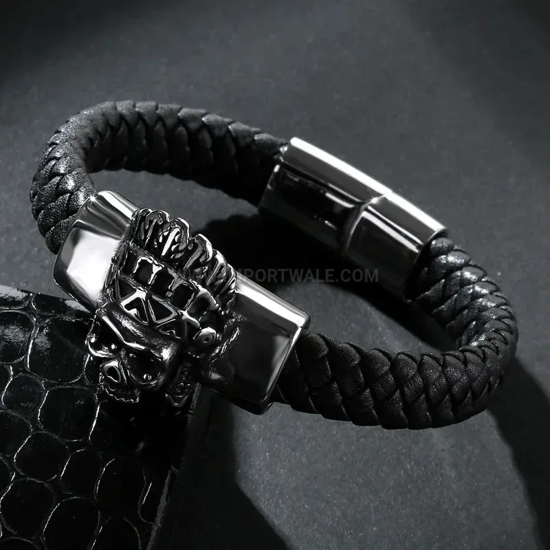 Premium Edgy Skull Stainless Steel Men Leather Cuff Bracelet