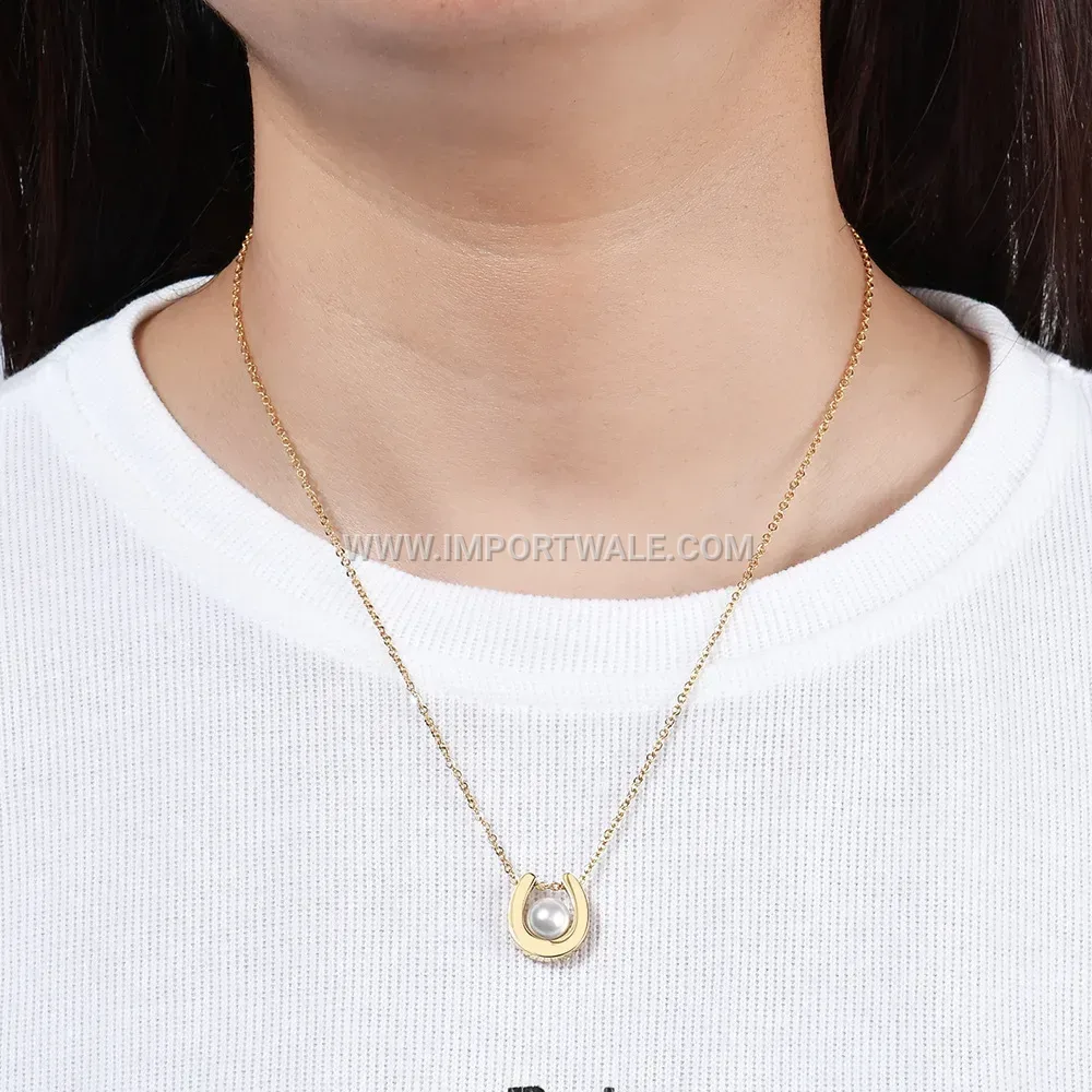 Horseshoe Horseshoe Pearl Accent Stainless Steel Pendant Necklace