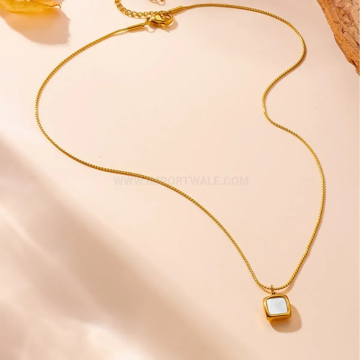 Elegant 18K Gold Plated Mother of Pearl Square Pendant Necklace