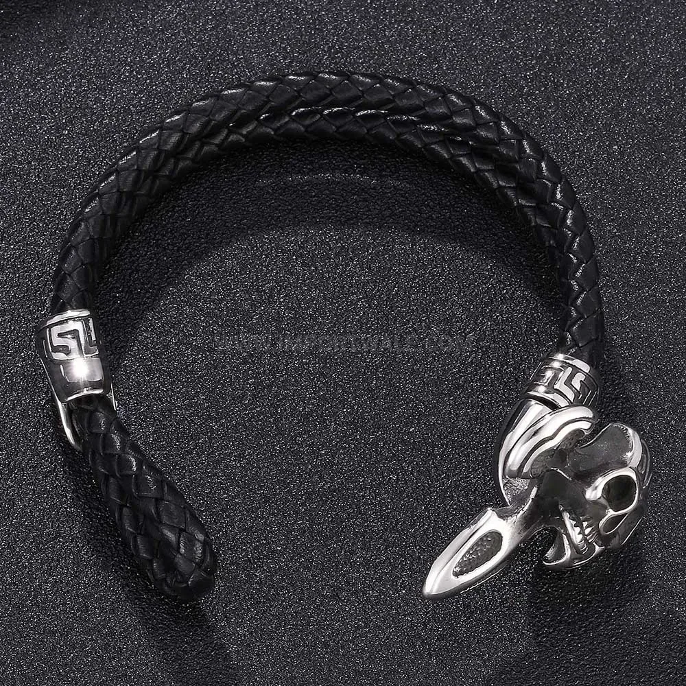 Braided Leather Punk Bracelet with Stainless Steel Skull Charm