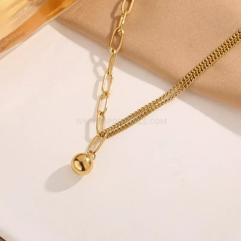 Bold Gold Plated Stainless Steel Small Golden Ball Pendant Necklace