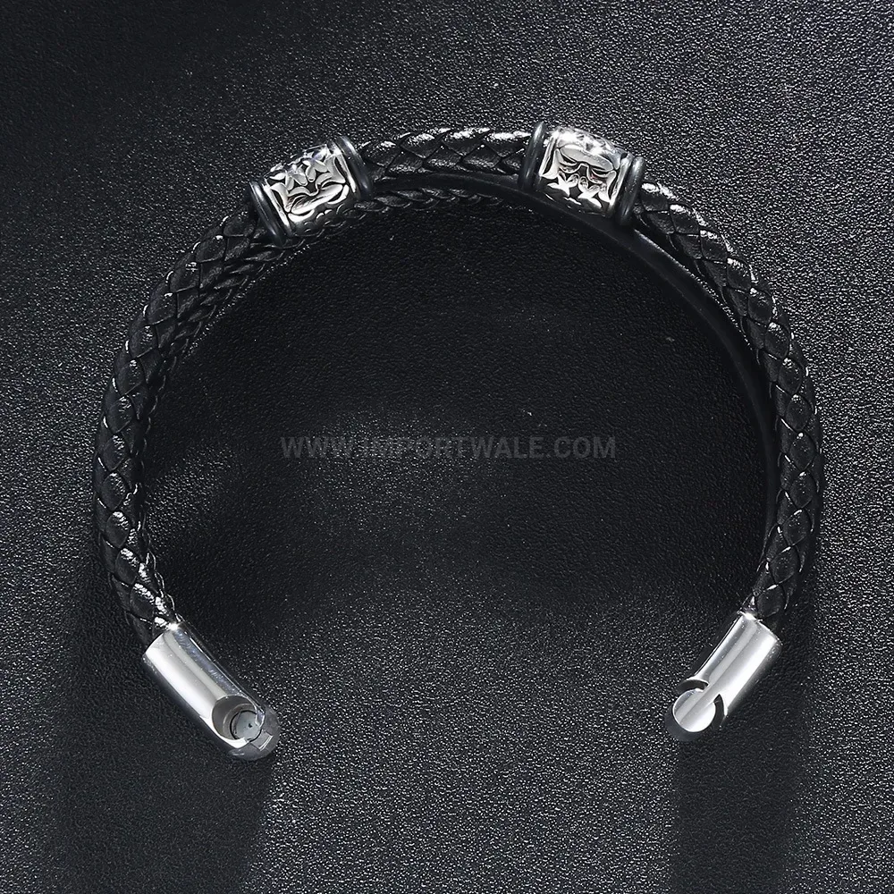 Woven Leather Strand Stainless Steel Magnetic Clasp Bracelet