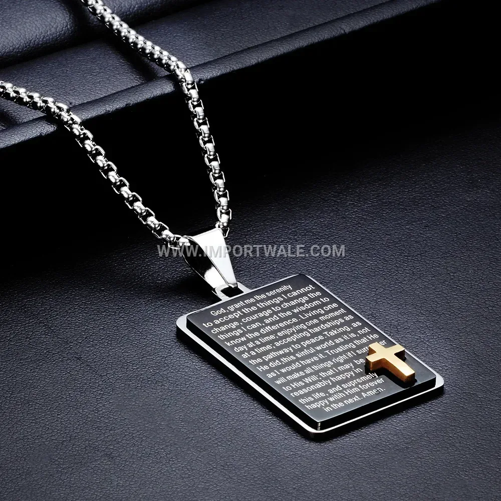 Engraved Rectangular Cross Pendant Stainless Steel Necklace