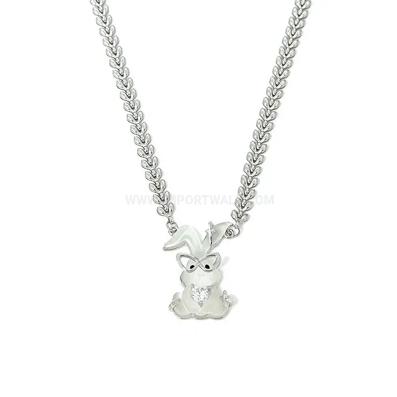 Modern Silver Stainless Steel Frosted Rabbit Heart Pendant Necklace