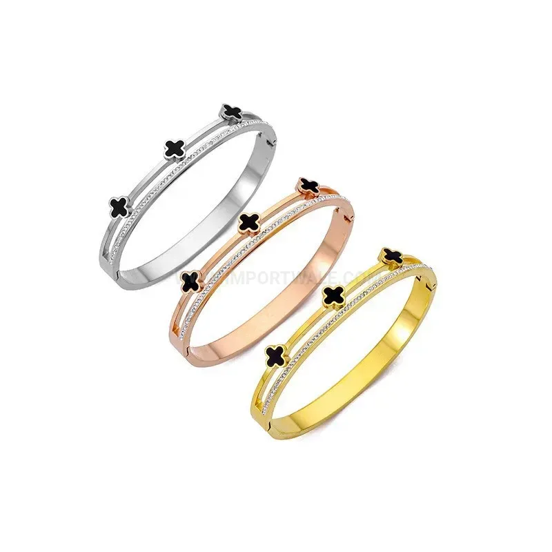 Designer Double Ring Four Leaf Clover Stainless Steel Bangle