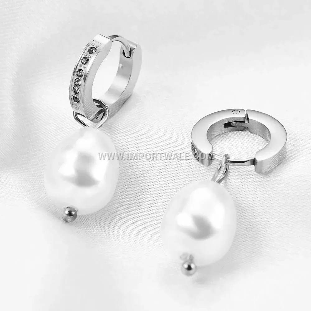 Stainless Steel Huggie Hoop Earrings with Faux Pearl Drop