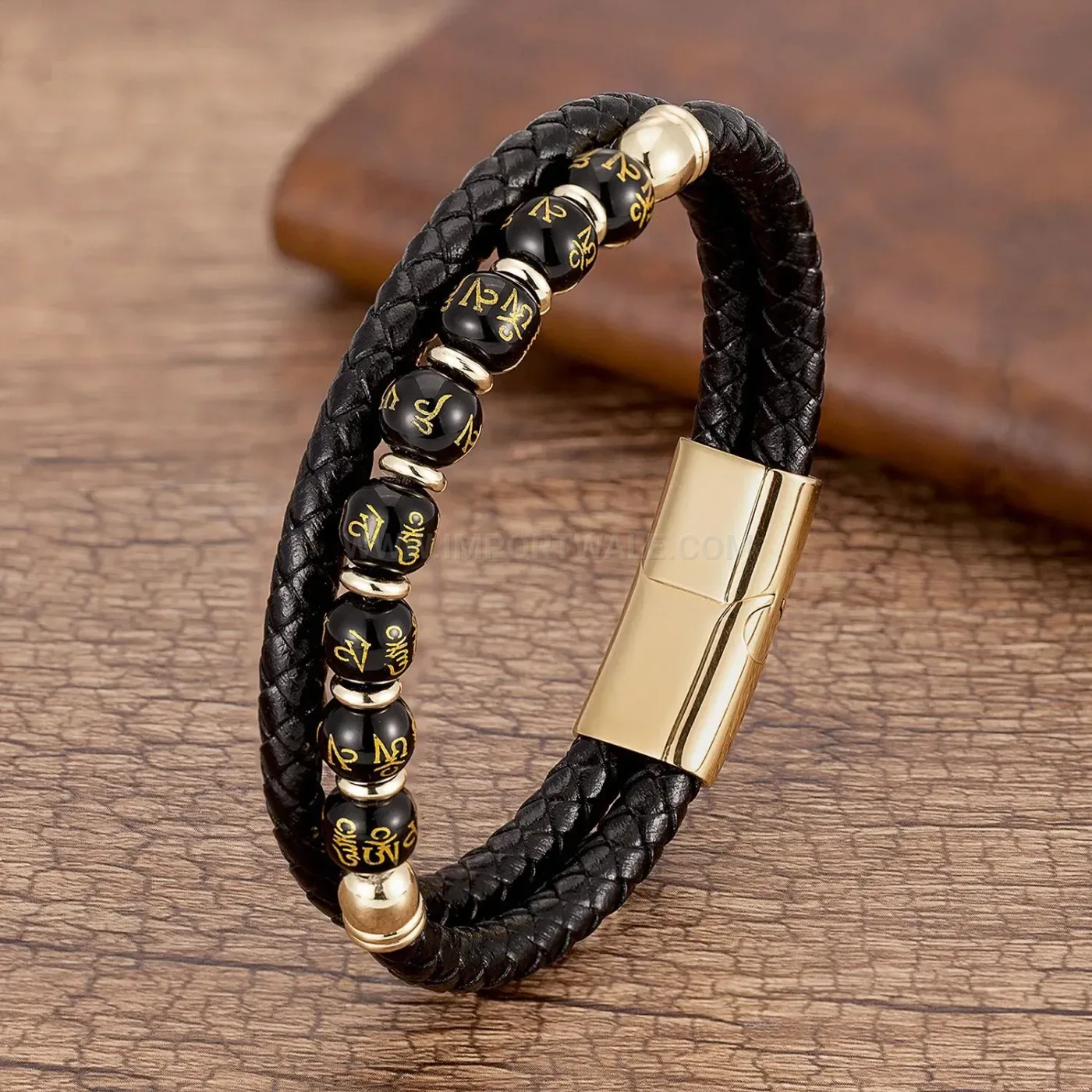 Vintage Beaded Leather Bracelet with Stainless Steel Magnetic Clasp
