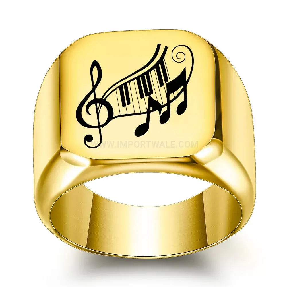 Elegant Engraved Musical Note Square Stainless Steel Signet Ring