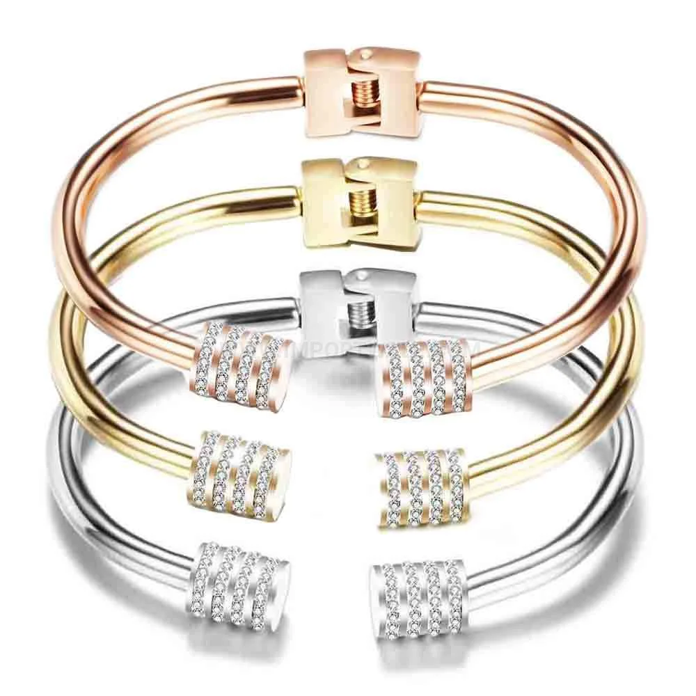 Chic Minimalist 18K Gold Plated Rhinestone Stainless Steel Open Bangle
