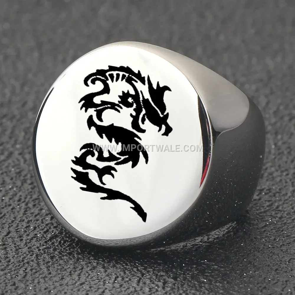 Minimalist Laser Engraved Dragon Stainless Steel Round Ring