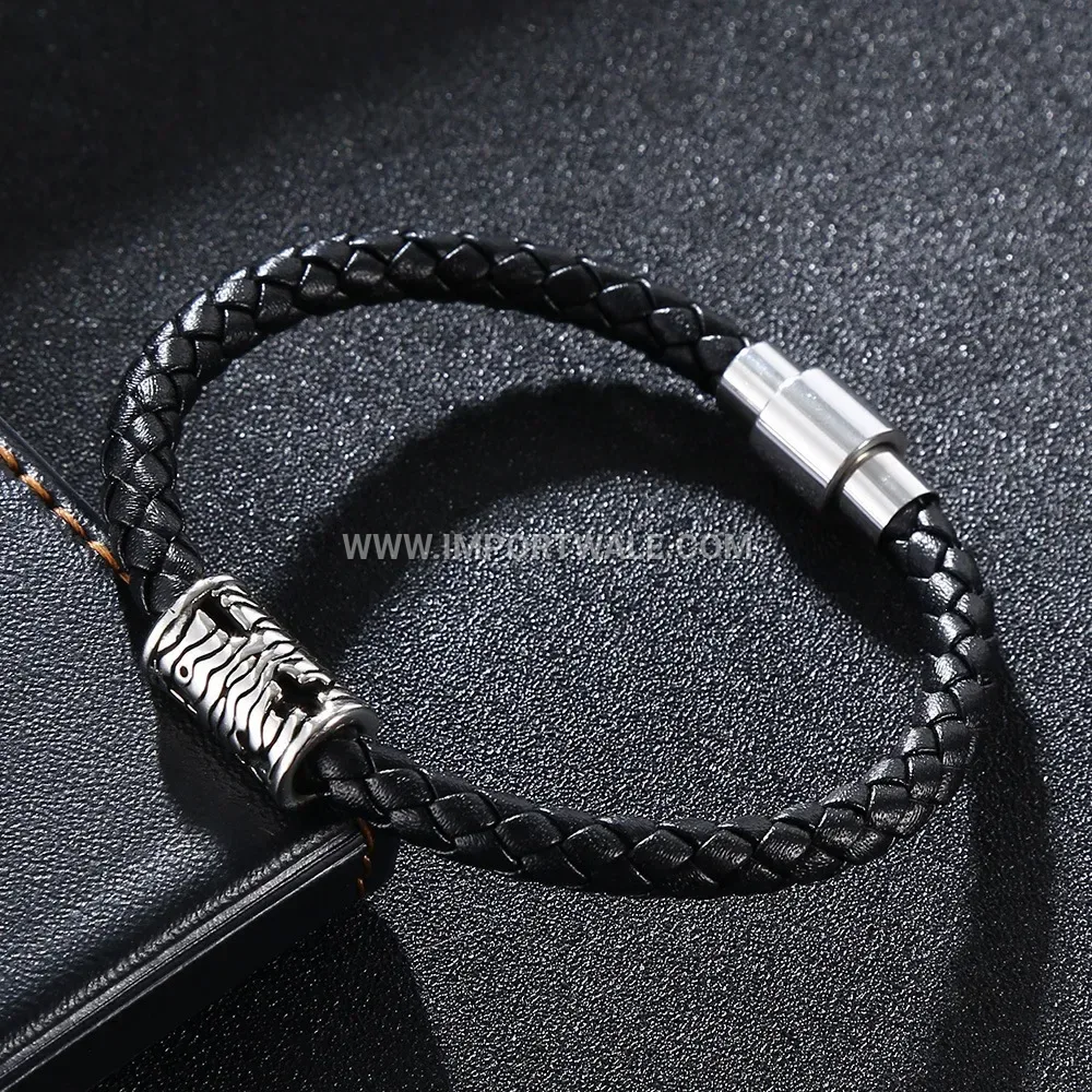 Punk Style Stainless Steel Accent Woven Leather Cord Bracelet