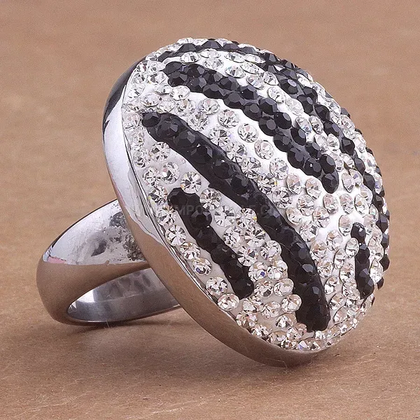 Black Striped Rhinestone Stainless Steel Statement Ring