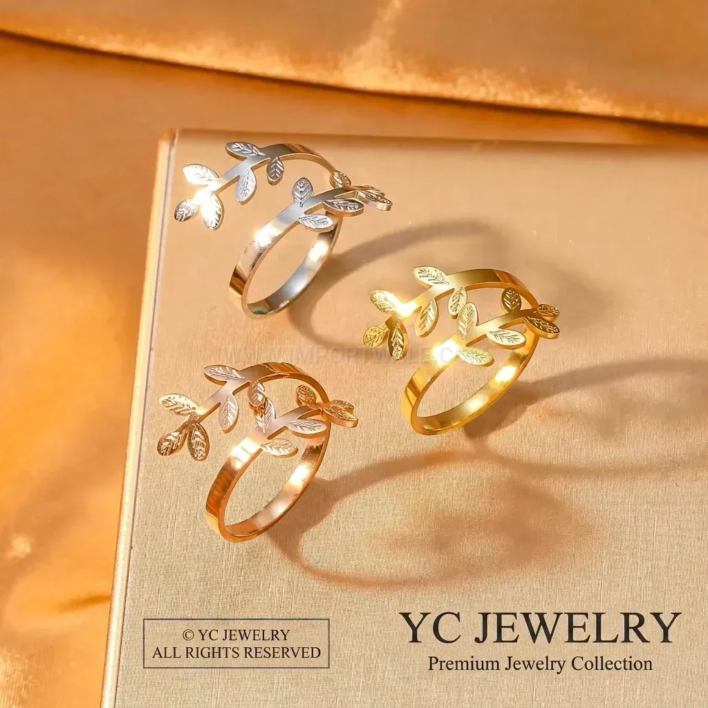 Elegant Minimalist Gold Plated Stainless Steel Leaf Branch Open Band Ring