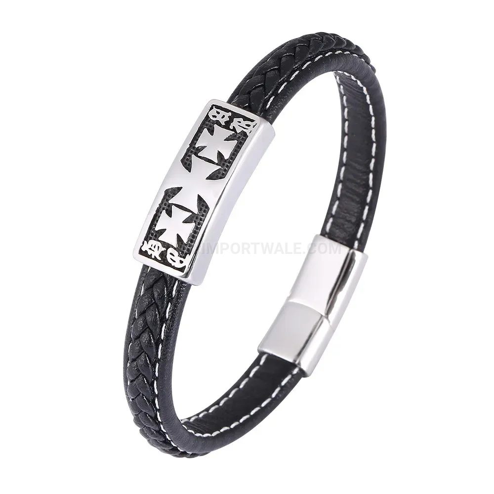 Premium Braided Leather Steel Cross Charm Wristband