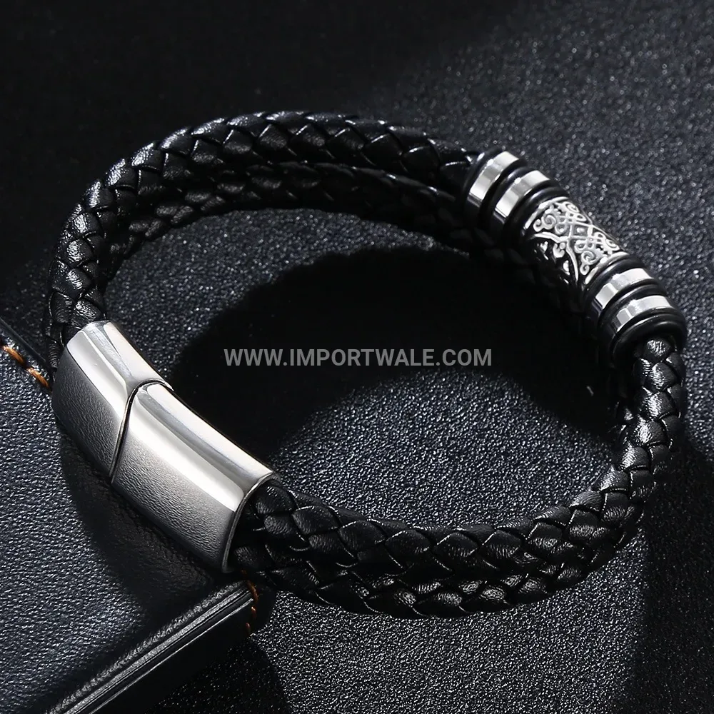 Woven Leather Bracelet with Stainless Steel Hardware