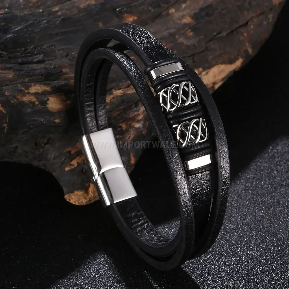 Multi-Layer Woven Leather Stainless Steel Bangle Wristband for Men