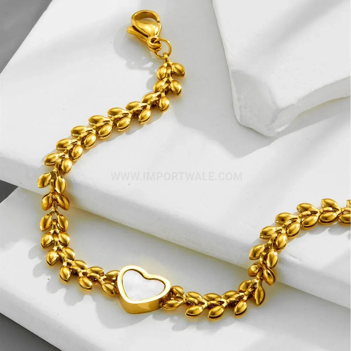 Gold Plated Titanium Steel Wheat Chain Heart Bracelet