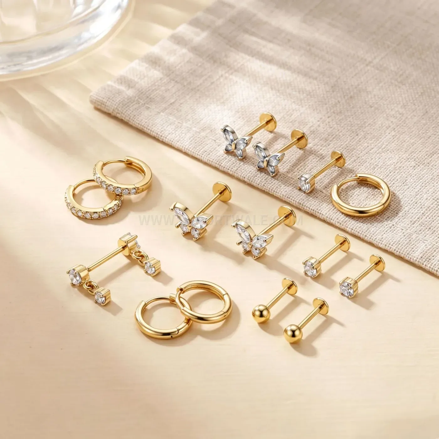 Dainty Butterfly Charm Rhinestone Stainless Steel Hoop and Stud Piercing Set