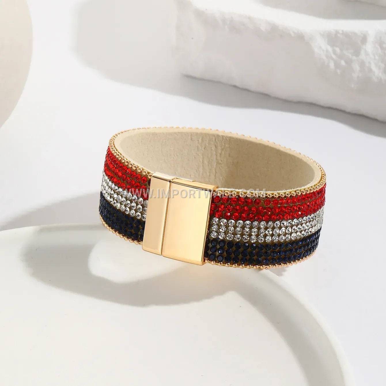 American Flag Rhinestone PU Leather Bracelet with Magnetic Clasp