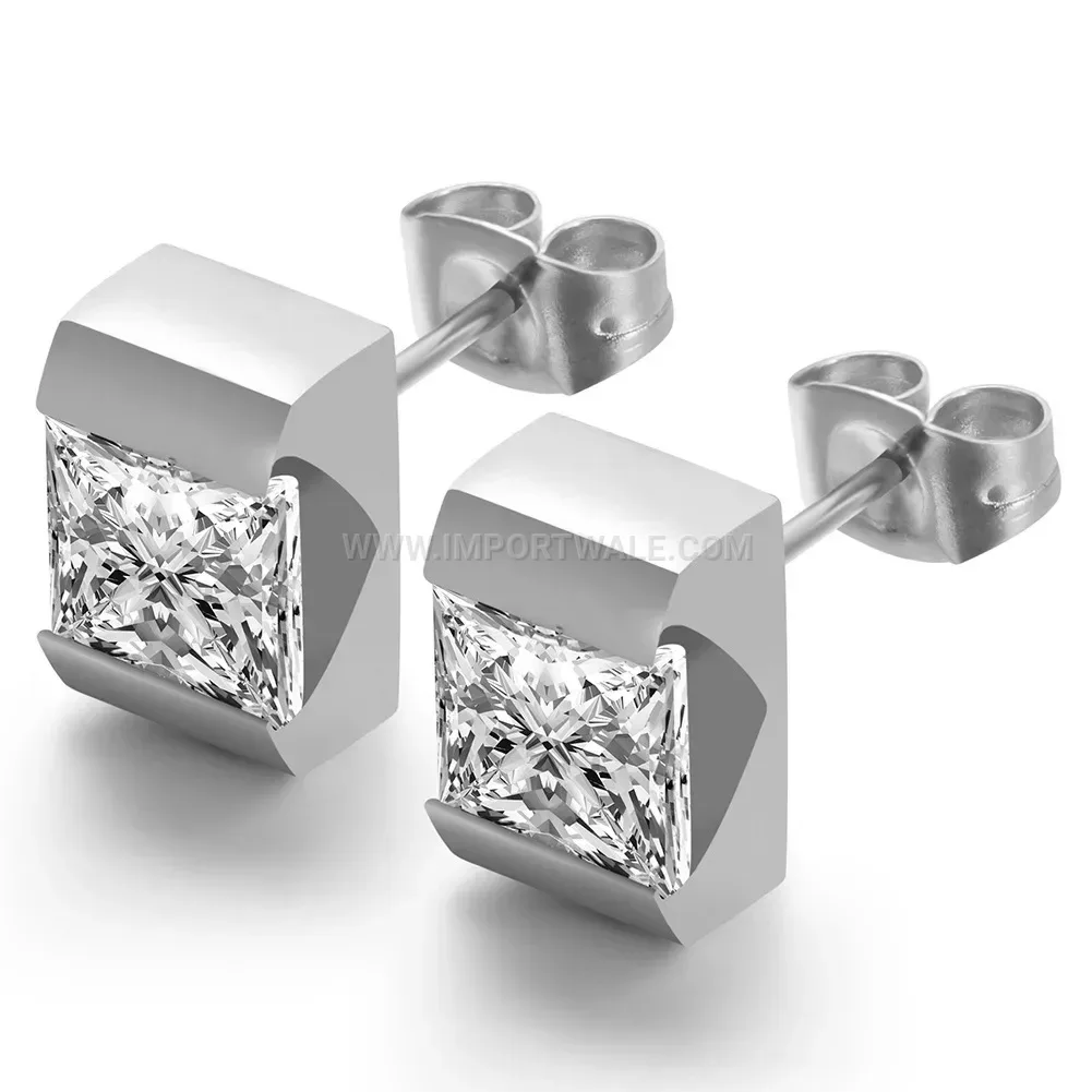 Square Zirconia Inlaid Stainless Steel Stud Earrings