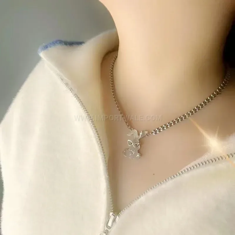 Modern Silver Stainless Steel Frosted Rabbit Heart Pendant Necklace
