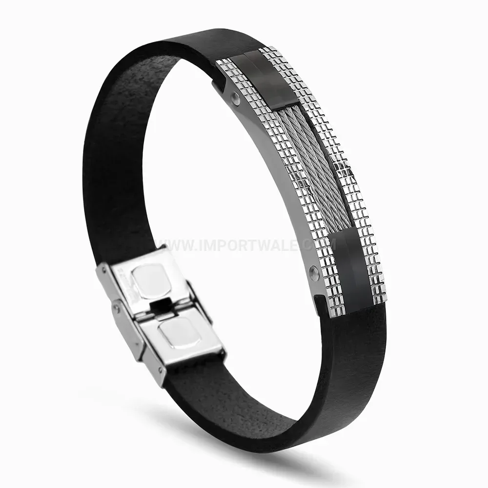 Retro 11mm Stainless Steel Two-Tone Black Leather Cord Bracelet