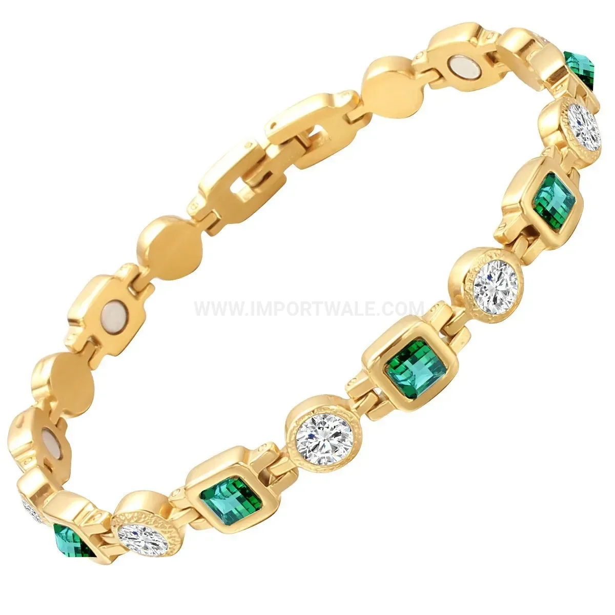 Stainless Steel Emerald Square Crystal Bio Magnetic Link Bracelet