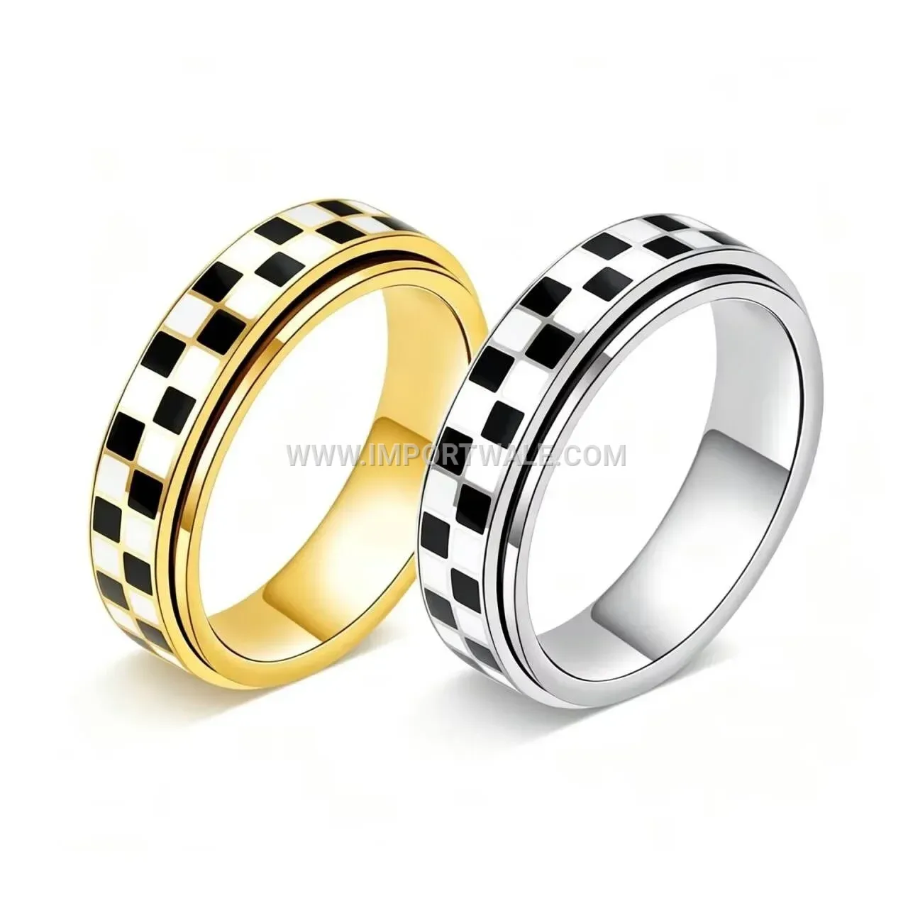 Checkerboard Pattern Rotatable Stainless Steel Band Ring