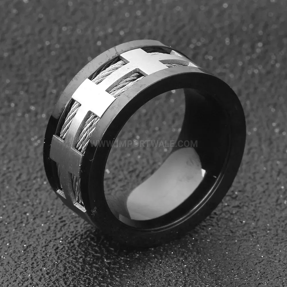 Chic Industrial 10mm Black Wire Cable Inlay Stainless Steel Ring