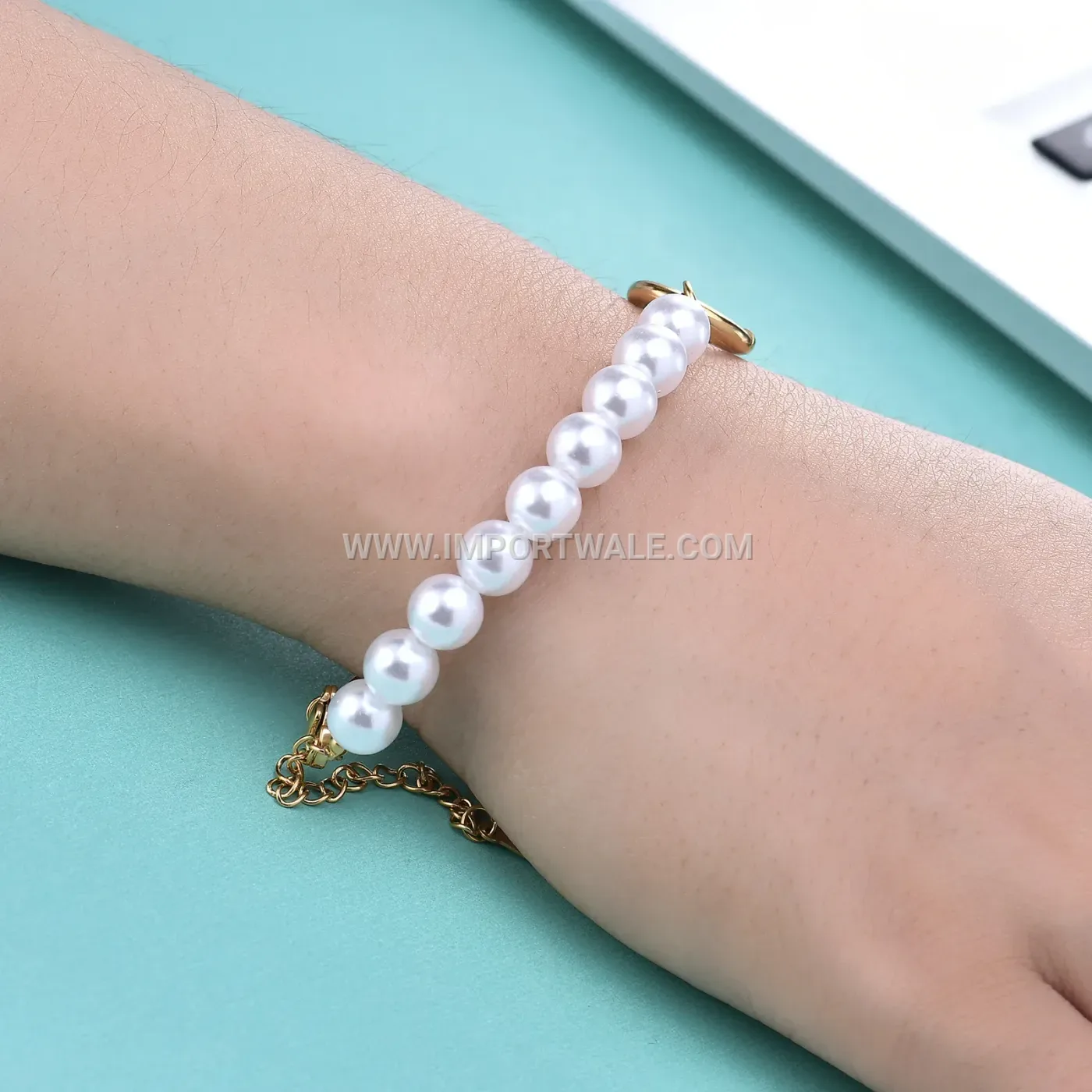 Faux Pearl Safety Pin Chain Stainless Steel Bracelet