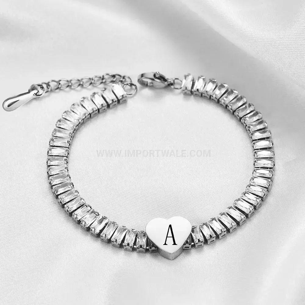 Zircon Inlaid Engraved Initial Heart Stainless Steel Bracelet