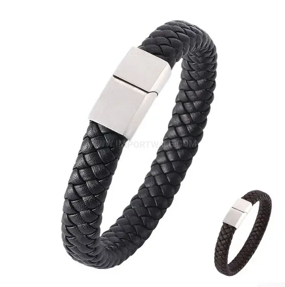 Braided Leather Stainless Steel Magnetic Clasp Men Bracelet