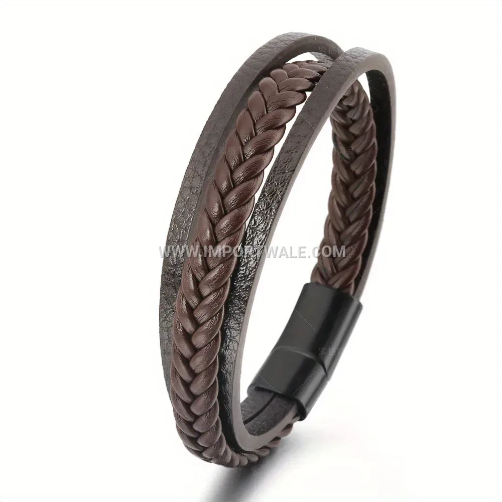 Double Strand Braided PU Leather Magnetic Wristband Bracelet