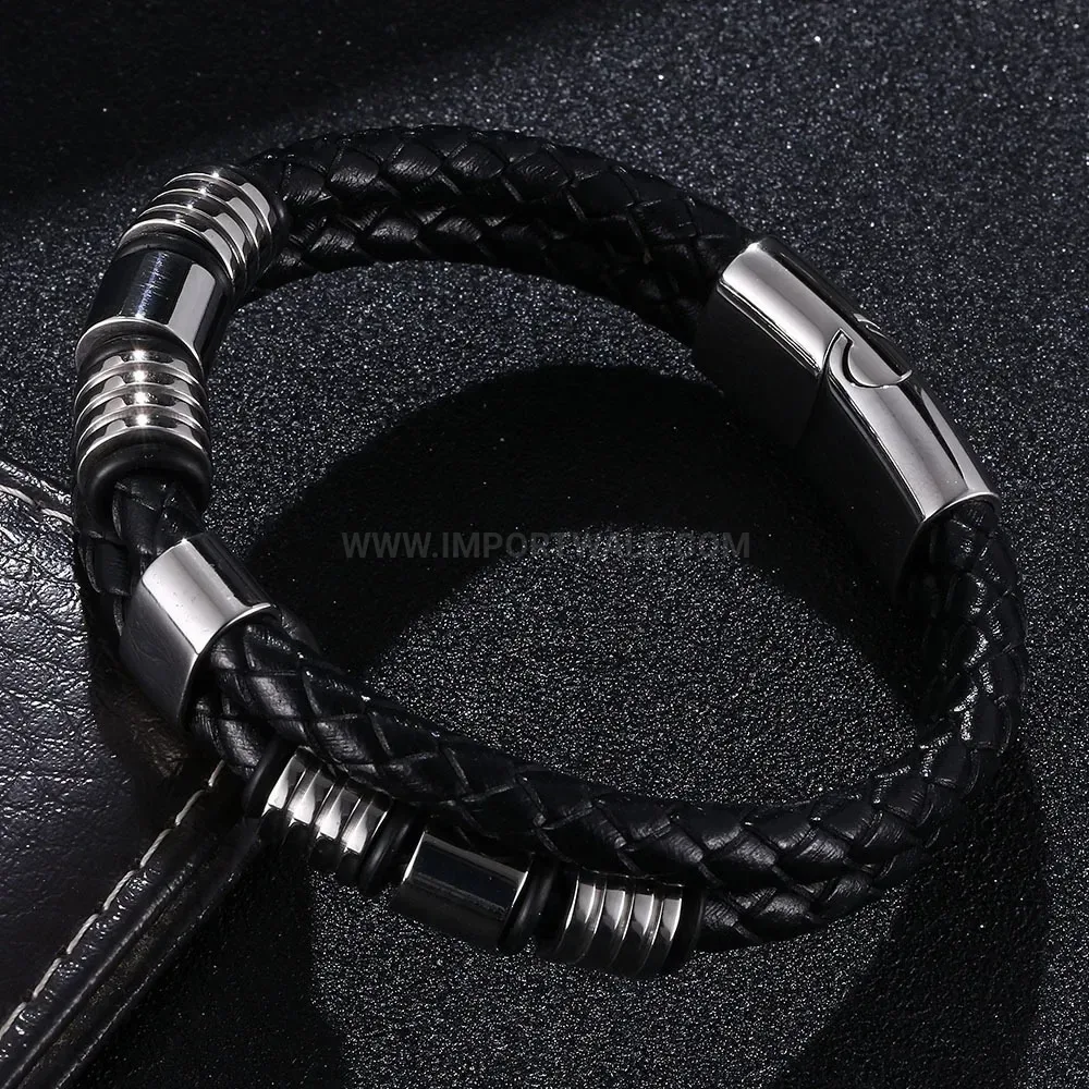 Dual Layer Braided Leather Stainless Steel Men Wristband