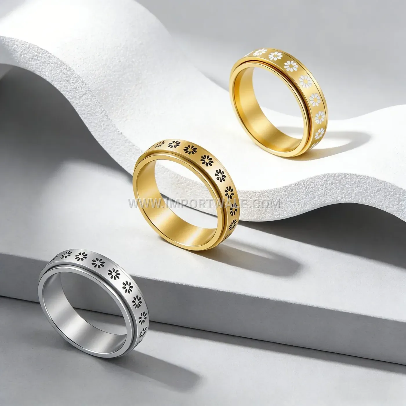 Rotating Daisy Floral Stainless Steel Spinner Ring